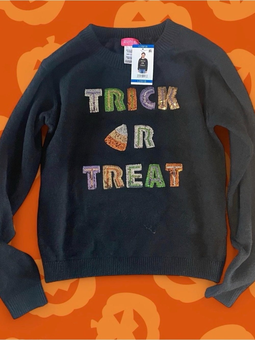 Halloween Zunie Black Crewneck Sweater with Colorful Sequin 'Trick OR Treat'